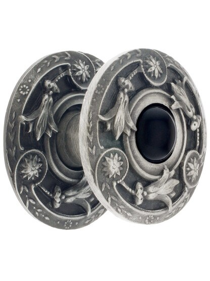 1 1/4 inch Jeweled Lily / Onyx Knobs with Back Plate in Antique Pewter.